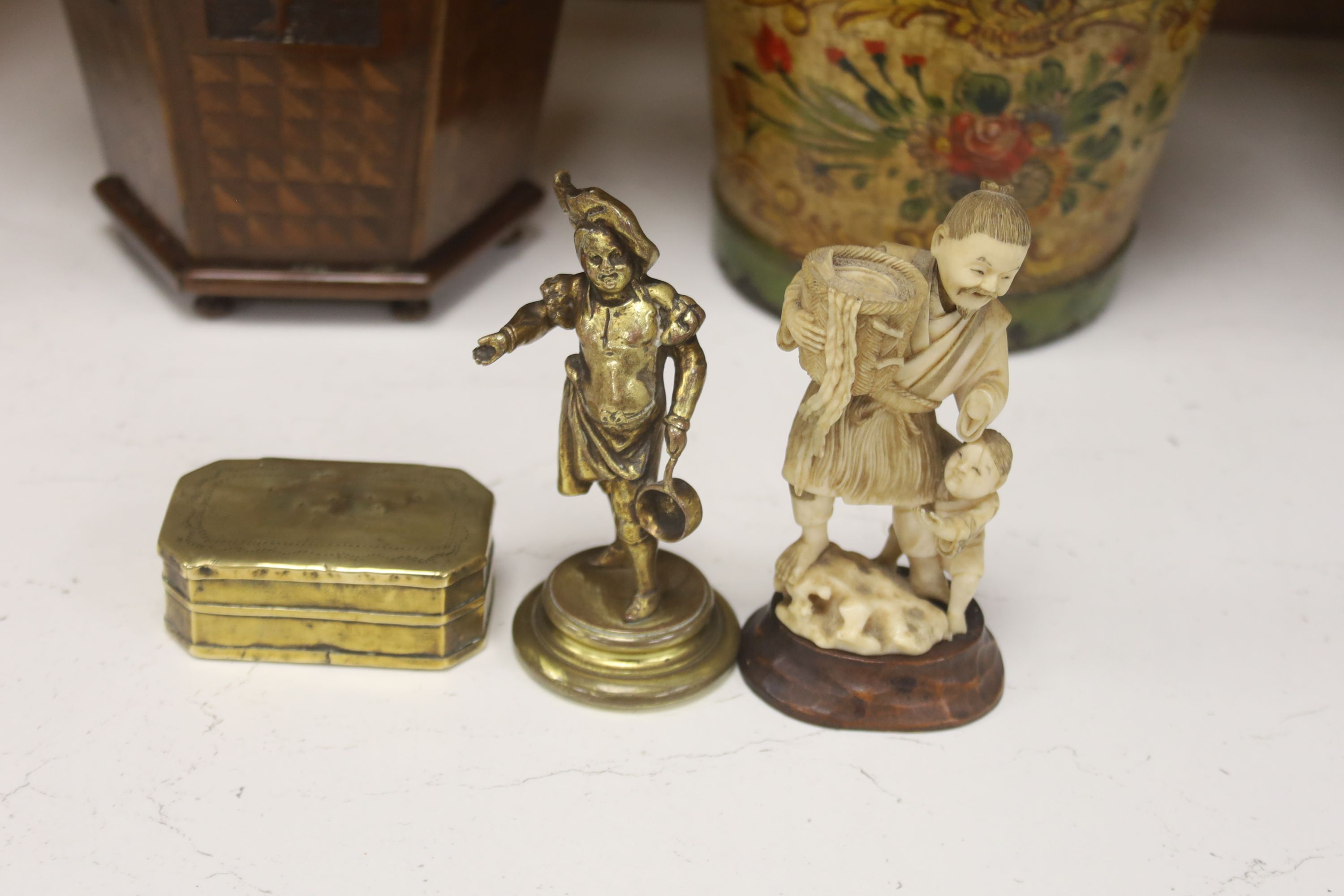 A miniature of The SS Great Britain, a brass snuff box and figure, a plant pot, a treen flower holder, etc